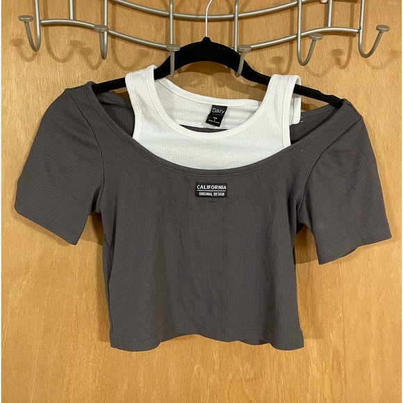 #172- DAZY -Letter Patched Cut Out Rib Knit 2 In 1 Crop Tee,Dark Grey, S - Picture 2 of 3